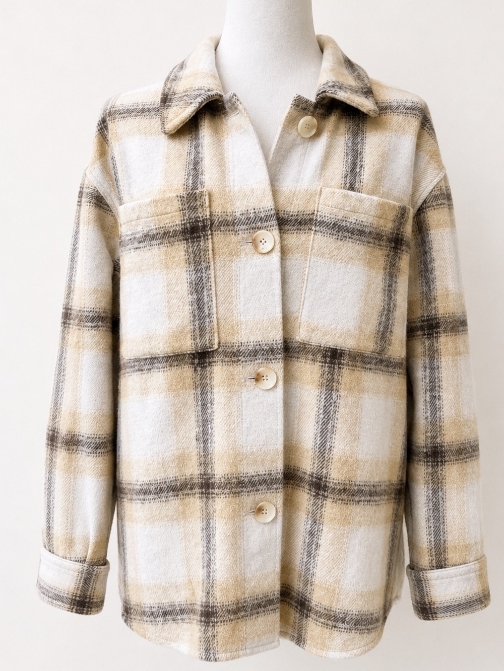 Apt. 9 Cream & Brown Plaid Shacket Jacket Size M